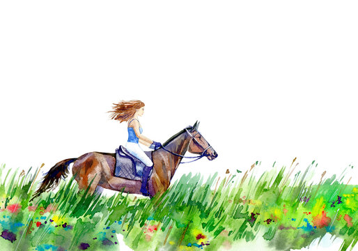 Girl riding a horse on the field.Summer landscape.Watercolor hand drawn illustration.White background.