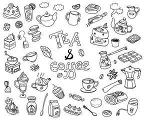 Big vector collection of doodle tae and coffee. Equipment and de