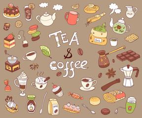 Big vector collection of doodle tae and coffee. Equipment and de