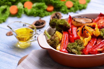Baking dish with cooked vegetables, closeup