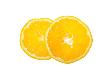 Ripe slice of orange on a white background