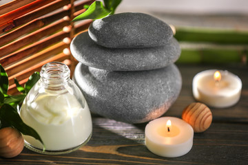 Spa still life on wooden table closeup