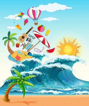 Summer theme with big waves and sunshine