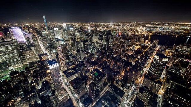 New York Manhattan at night Skyscrapers anf traffic lights Rooftop view Timelapse