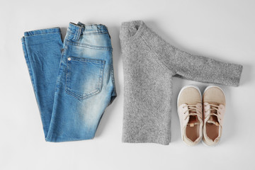 Set of baby clothes isolated on white. Concept of child fashion