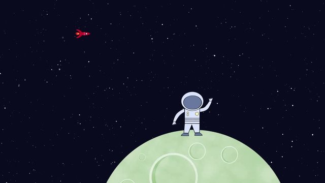 Astronaut in space standing on a moon or planet. Retro cartoon style with flat design. Travel and adventure in cosmos with a rocket.