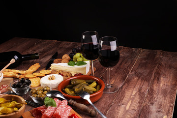 Italian antipasti wine snacks set. Cheese variety, Mediterranean