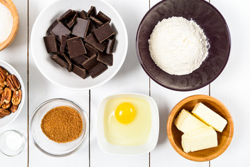 Food Ingredients For Pecan Chocolate Cookies On Kitchen Table