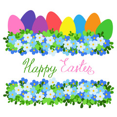 Easter eggs and flowers. Colorful Easter background.