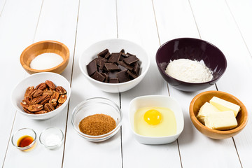 Food Ingredients For Pecan Chocolate Cookies On Kitchen Table