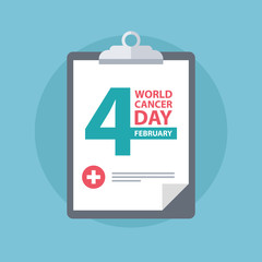 Medical clipboard with World Cancer Day sign. Flat design vector illustration.