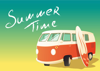 Old van with surfboard vector illustration © Galacticus