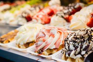 traditional  sweet Belgian waffles dessert in the shop