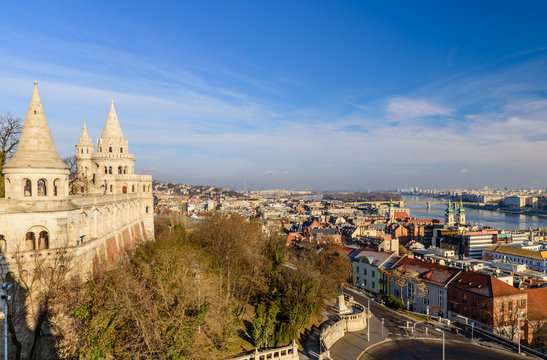Panorama of Budapest: Fisherman's Bastion and aerial view of the Danube river, Hungary