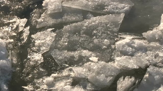 Close ups of the ice debacle as the huge pieces slowly floating down on the river danube in Budapest with pretty fast movement