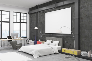 Bedroom with black walls and poster