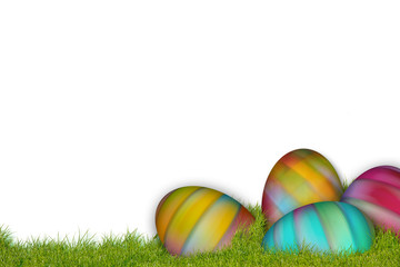 Colorful painted Easter eggs on a pile on green grass, resurrection frame
