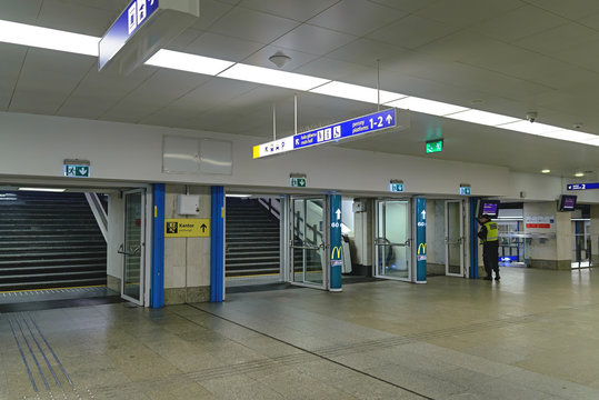 Warsaw, Poland - December 08, 2016: Inside the train station in Warsaw. Access to escalators.