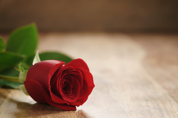 beautiful red rose on old wood table, romantic background with copy space