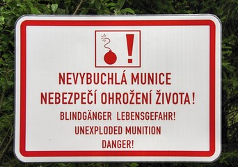 Sign Unexploded Munition, Danger to life, Do Not Enter, Old Military Area, National Park Sumava, Bohemian Forest, Czech Republic