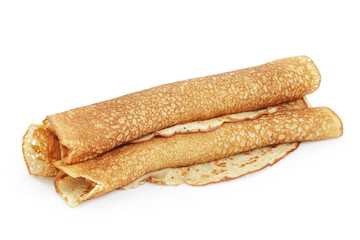 fresh folded homemade blinis isolated on white background