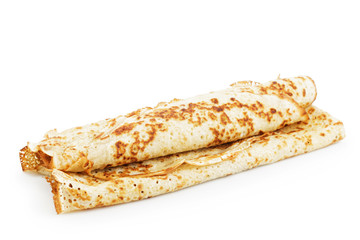 fresh folded homemade blinis isolated on white background