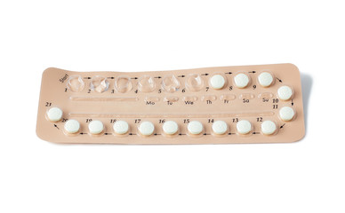 Colorful oral contraceptive pill strips isolated on white background with clipping path. birth control pill - healthcare and medicine. Strip of Contraceptive Pill with English Instructions.