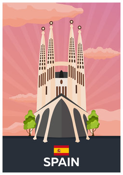 Travel poster to Spain. Vector flat illustration.