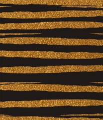 Golden ragged, uneven glittery stripes on a black background. The texture of the glitter. Rectangular, vertical.