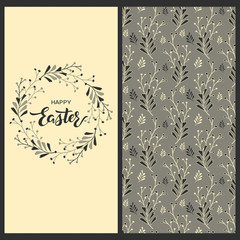 set with seamless vector flower pretty pattern and easter postcard with hand drawn words happy Easter in a circle floral frame