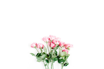 Naklejka na ściany i meble Pink roses bouquet on white background. Flat lay, top view. Valentine's background.