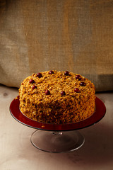 Homemade honey cake with nuts and spices.