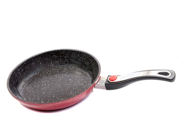the side view of the red pan with a nonstick surface
