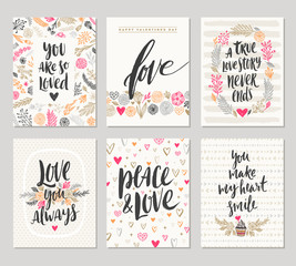 Vector set of Valentine's Day hand drawn posters or greeting card with handwritten calligraphy quotes, phrase and illustrations.