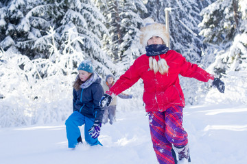Fototapeta na wymiar Happy girls having fun with snow