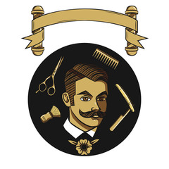  Hand drawn barbershop equipment and elements.Logo for hairdressing salon. Set of vintage barbershop emblems with man on black background