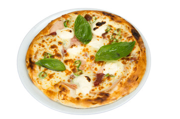 Pizza on a white background with eggs, ham, cheese and peppers.