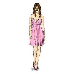 Vector Sketch Fashion Female Model in Dress
