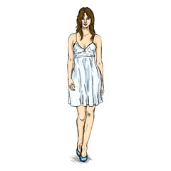 Vector Sketch Fashion Female Model in Dress