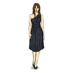 Vector Sketch Fashion Female Model in Dress