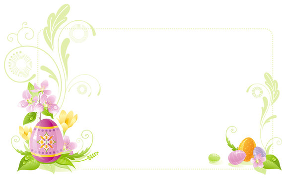 Happy Easter banner border. Spring landscape - egg, crocus flower, grass, cherry blossom. Springtime nature. Horizontal template vector illustration background. Flat greeting card