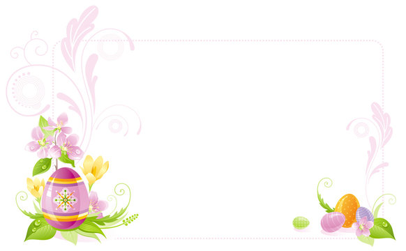 Happy Easter banner border. Spring landscape - pink egg, crocus flower, leaf, cherry blossom. Springtime nature. Horizontal template vector illustration background. Flat greeting card.