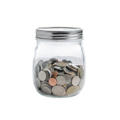 Coins in glass jars on a white background.