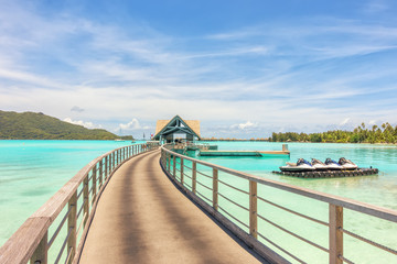 Over water bungalows into amazing green lagoon at Bora Bora isla