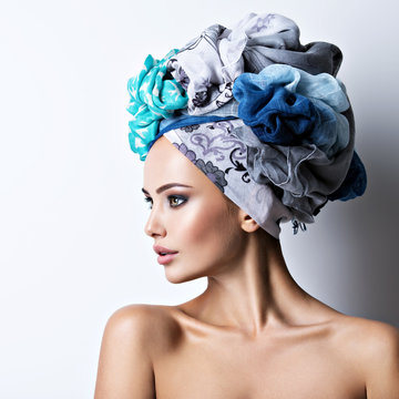 Portrait Of A Beautiful Girl With Turban On Head.
