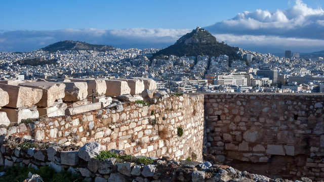 Panoramic view to Lykavittos hill in city of Athens, Attica, Greece