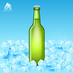 Realistic mock up green bottle of beer on ice cubes on blue background