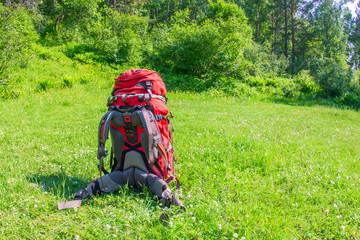 red backpack standing on the grass