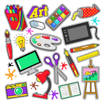Art Creativity Badges, Stickers, Patches with Paints and Design Tools. Vector Doodle