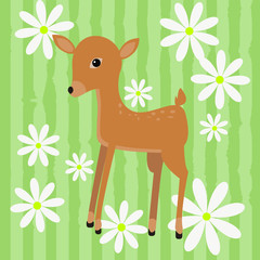 Cute vector card with a fawn and daisies on striped grass background.